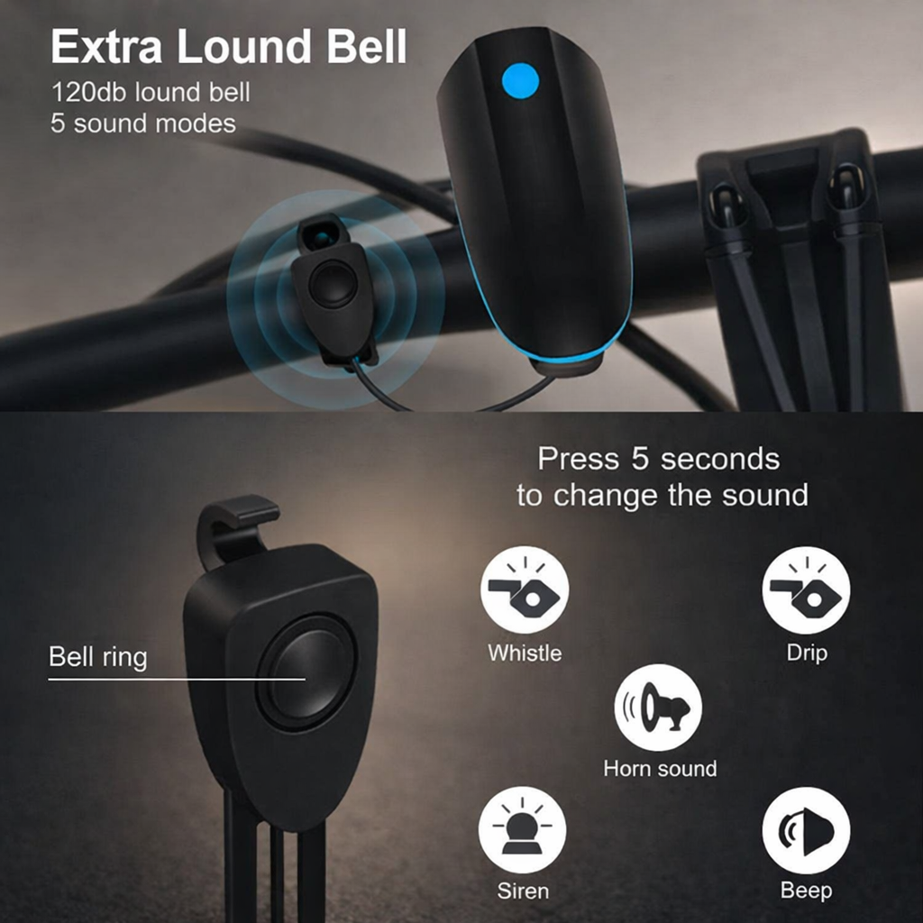 Luz bicicleta | 3 en 1, LED recargable | Bocina, alta visibilidad