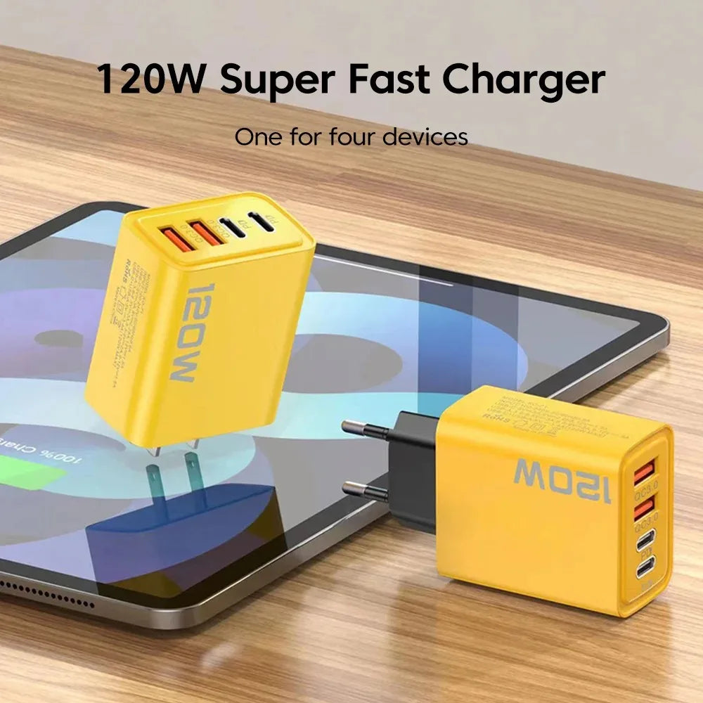 Cargador USB de Pared 120W | 4 Puertos, Carga Rápida | Compatible EU/US/UK