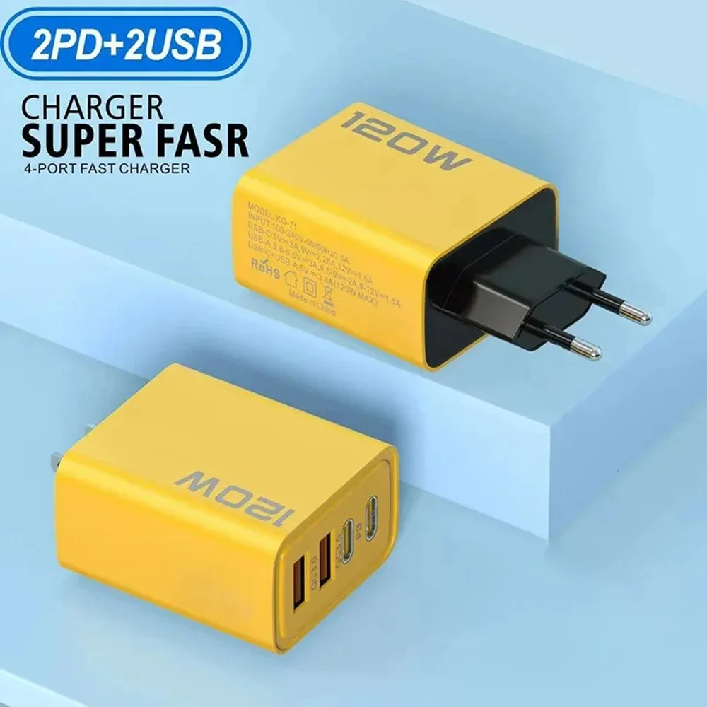 Cargador USB de Pared 120W | 4 Puertos, Carga Rápida | Compatible EU/US/UK
