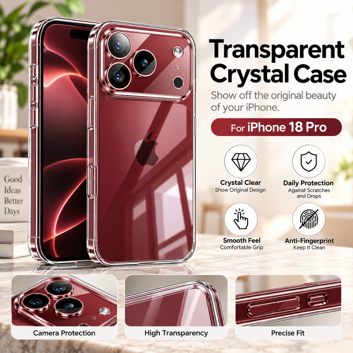 Funda para iPhone 18 | Transparente, Antiamarilla, Protección Cámara | PC Cristal
