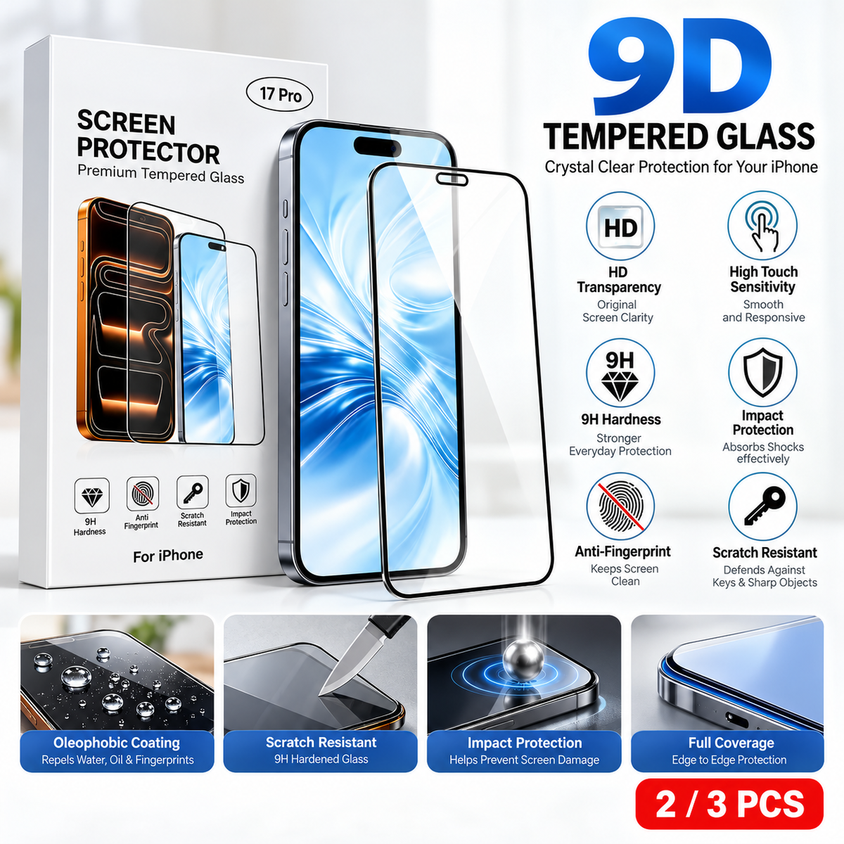 Protector de Pantalla iPhone | Cristal Templado 9H, Antihuella | Antirrayas