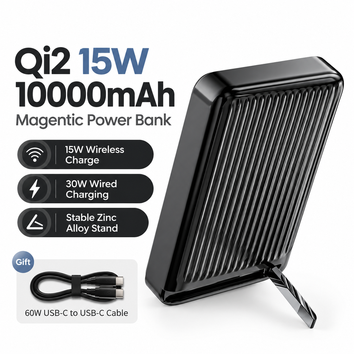 Batería Portátil Qi2 10000mAh | Carga Inalámbrica 15W, PD 30W | Soporte Plegable