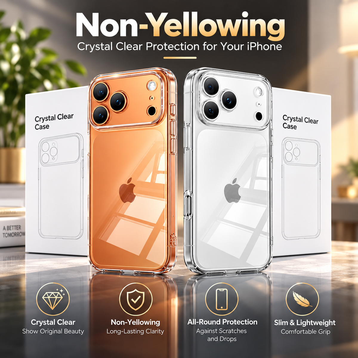 Custodia per iPhone 18 | Trasparente, anti-ingiallimento, protezione della fotocamera | PC effetto vetro