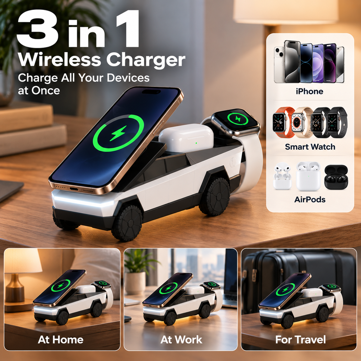 Cargador Inalámbrico 3 en 1 | Carga Rápida, Magnético | iPhone, AirPods, Samsung