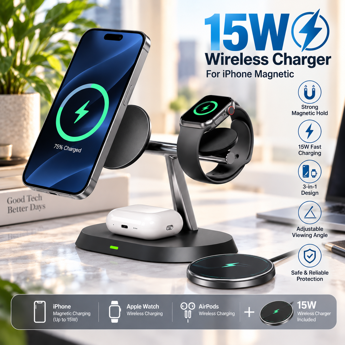 Cargador Inalámbrico 3 en 1 | MagSafe para iPhone, Apple Watch, AirPods | 15W