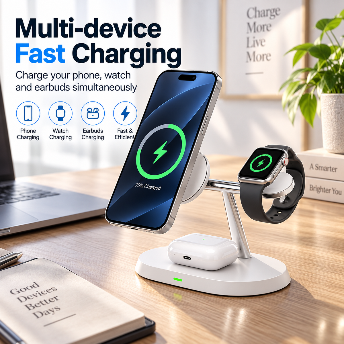 Cargador Inalámbrico 3 en 1 | MagSafe para iPhone, Apple Watch, AirPods | 15W