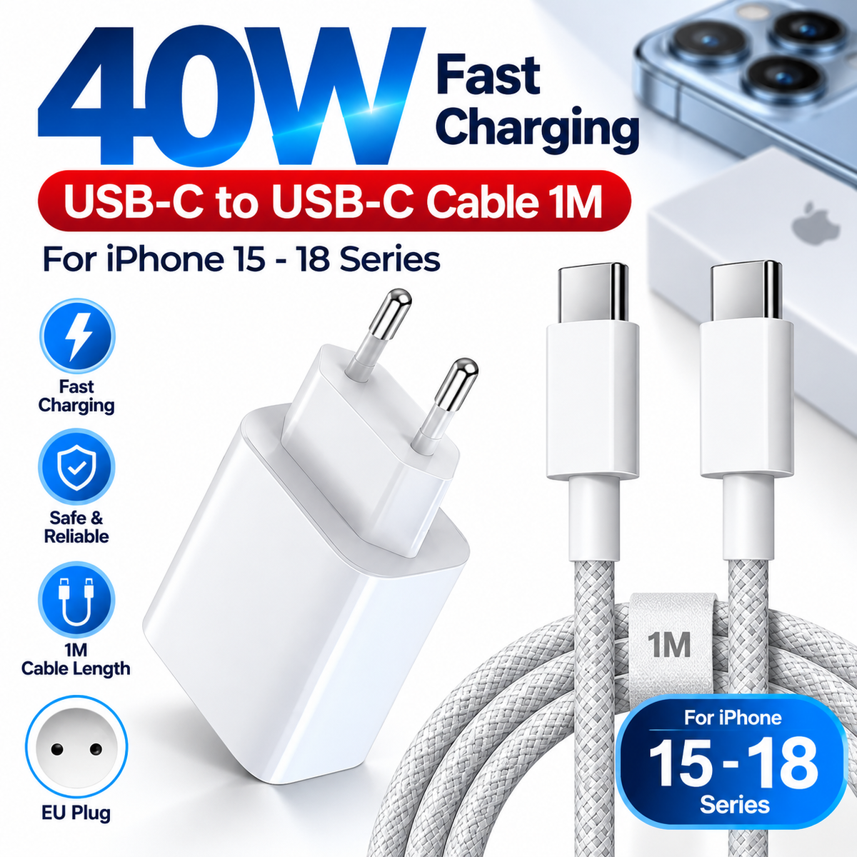 Cargador USB C 40W | Carga Rápida PD para iPhone 15 a 18, iPad | Carga Rápida
