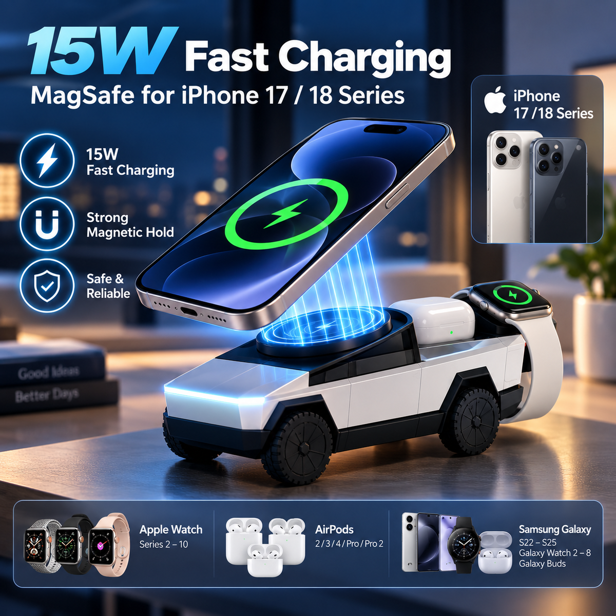 3-in-1 Wireless Charger | Fast Charging, Magnetic | iPhone, AirPods, Samsung