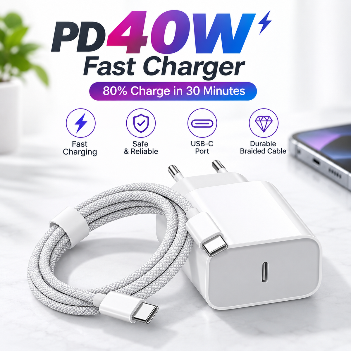Cargador USB C 40W | Carga Rápida PD para iPhone 15 a 18, iPad | Carga Rápida
