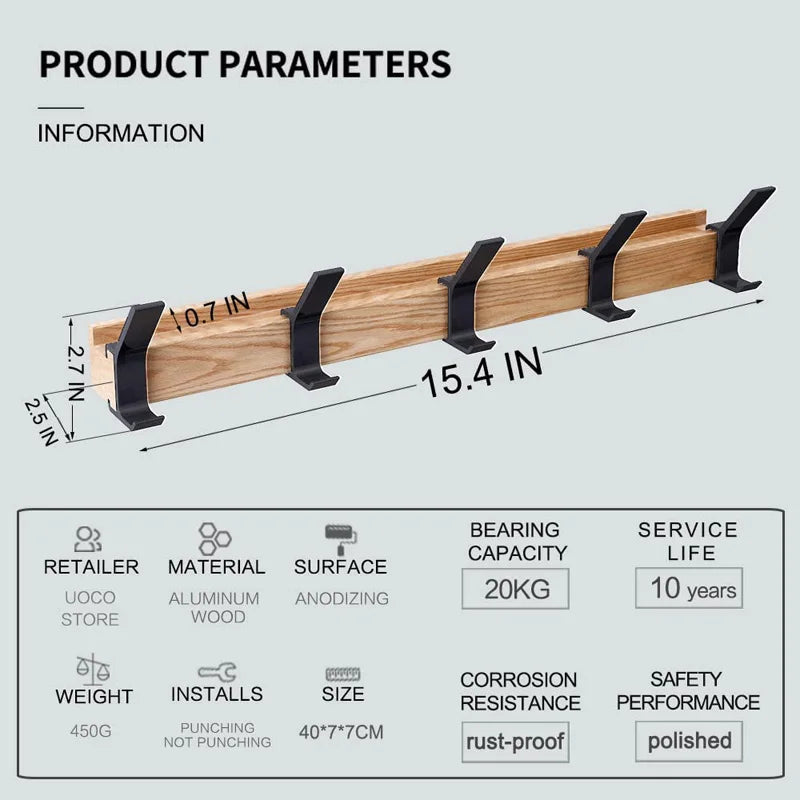 Perchero de pared | Diseño nórdico, negro | Madera, aluminio
