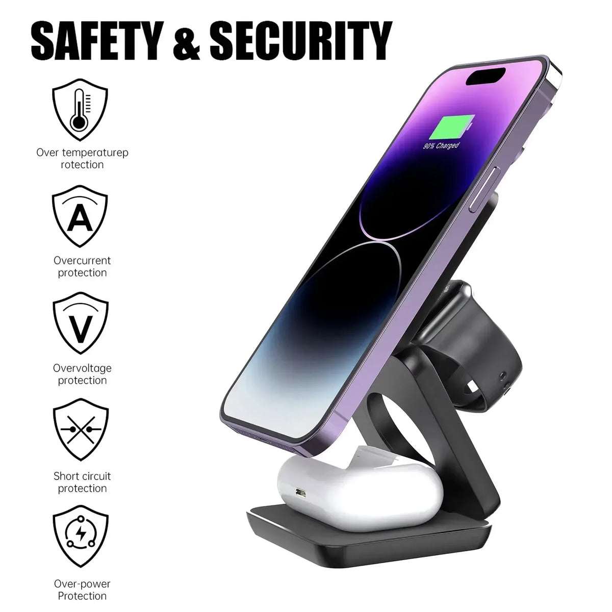 Cargador Inalámbrico 3 en 1 | Magnético Plegable, 30W | iPhone, Apple Watch
