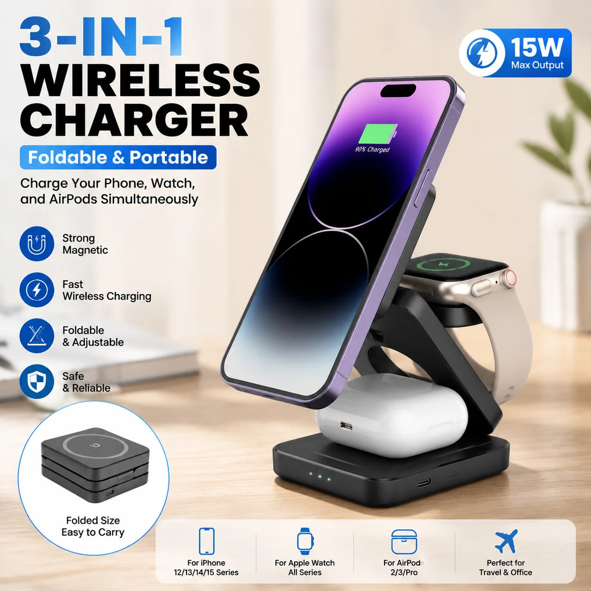 Cargador Inalámbrico 3 en 1 | Magnético Plegable, 30W | iPhone, Apple Watch