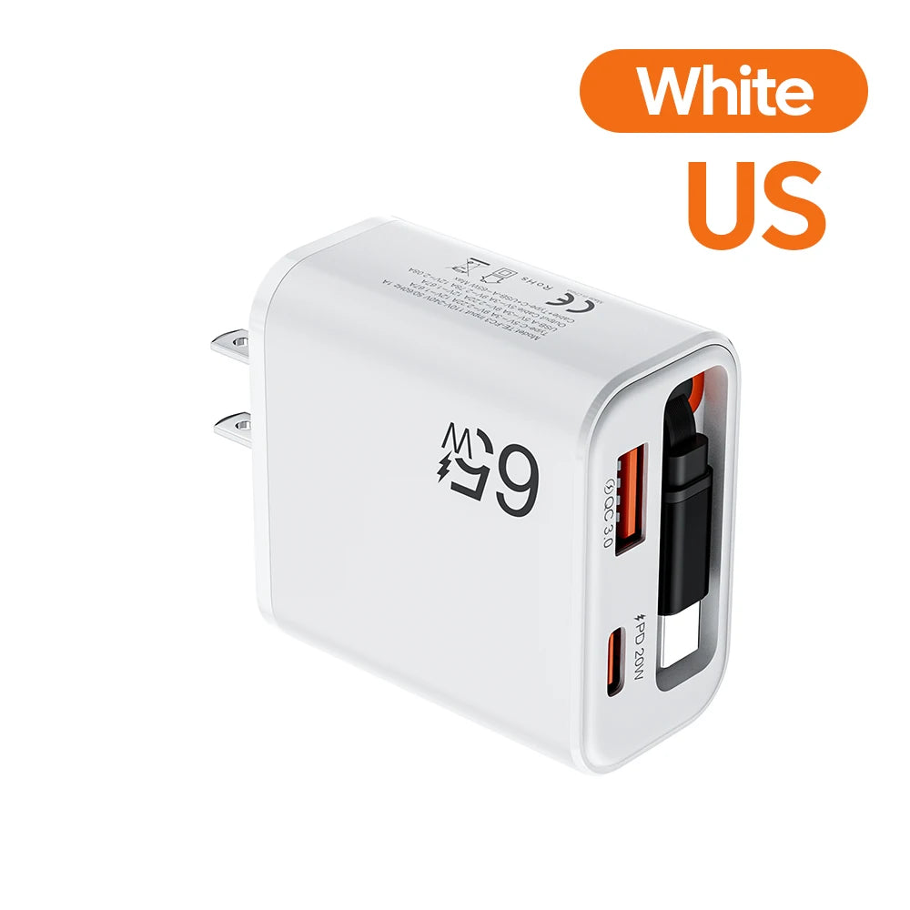 Cargador USB 65W | Carga Rápida, Cable Tipo C Retráctil | QC 3.0, PD, Multipuerto