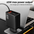 Cargador USB 65W | Carga Rápida, Cable Tipo C Retráctil | QC 3.0, PD, Multipuerto