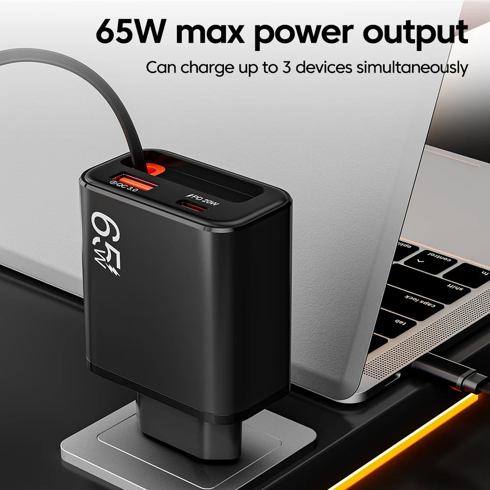 Cargador USB 65W | Carga Rápida, Cable Tipo C Retráctil | QC 3.0, PD, Multipuerto