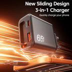 Cargador USB 65W | Carga Rápida, Cable Tipo C Retráctil | QC 3.0, PD, Multipuerto