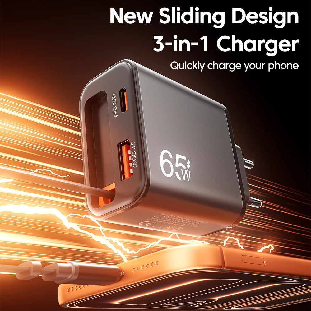 Cargador USB 65W | Carga Rápida, Cable Tipo C Retráctil | QC 3.0, PD, Multipuerto