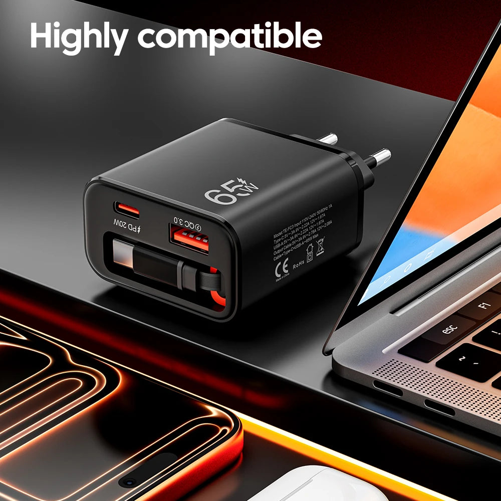 Cargador USB 65W | Carga Rápida, Cable Tipo C Retráctil | QC 3.0, PD, Multipuerto