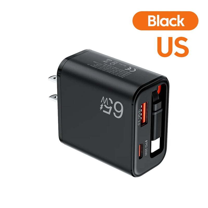 Cargador USB 65W | Carga Rápida, Cable Tipo C Retráctil | QC 3.0, PD, Multipuerto