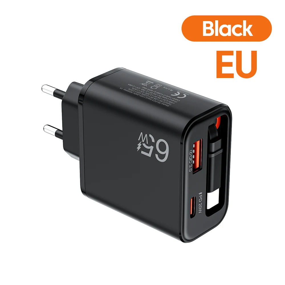 Cargador USB 65W | Carga Rápida, Cable Tipo C Retráctil | QC 3.0, PD, Multipuerto