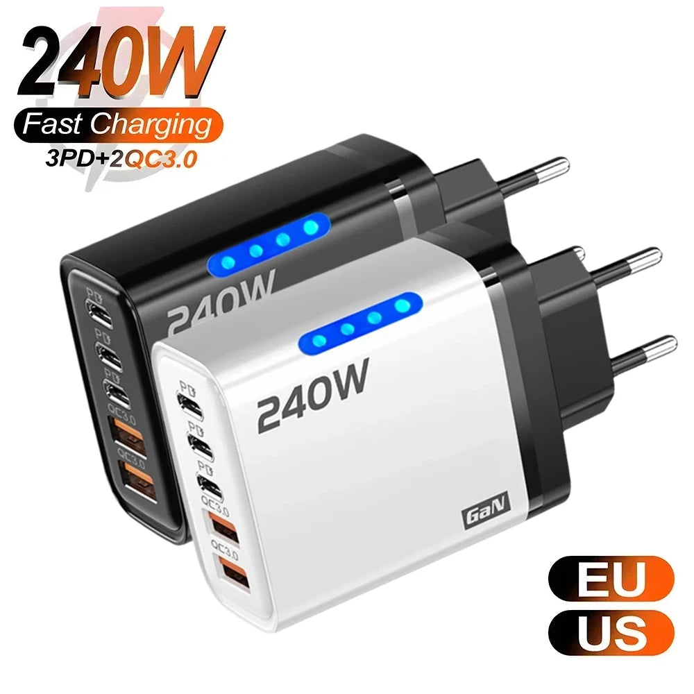 Cargador USB Tipo C 5 Puertos | Carga Rápida 120W, GaN, PD | iPhone Samsung Xiaomi