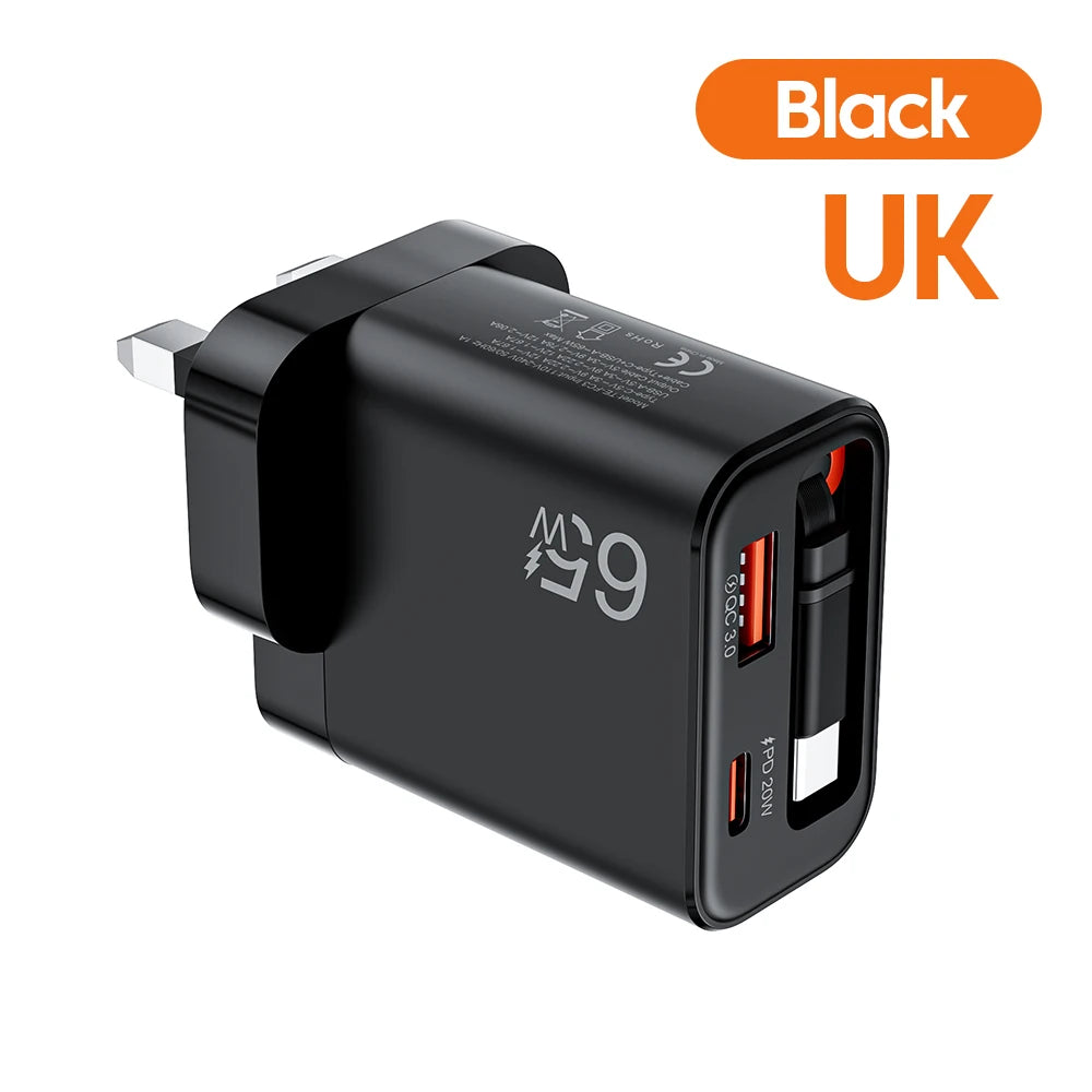 Cargador USB 65W | Carga Rápida, Cable Tipo C Retráctil | QC 3.0, PD, Multipuerto