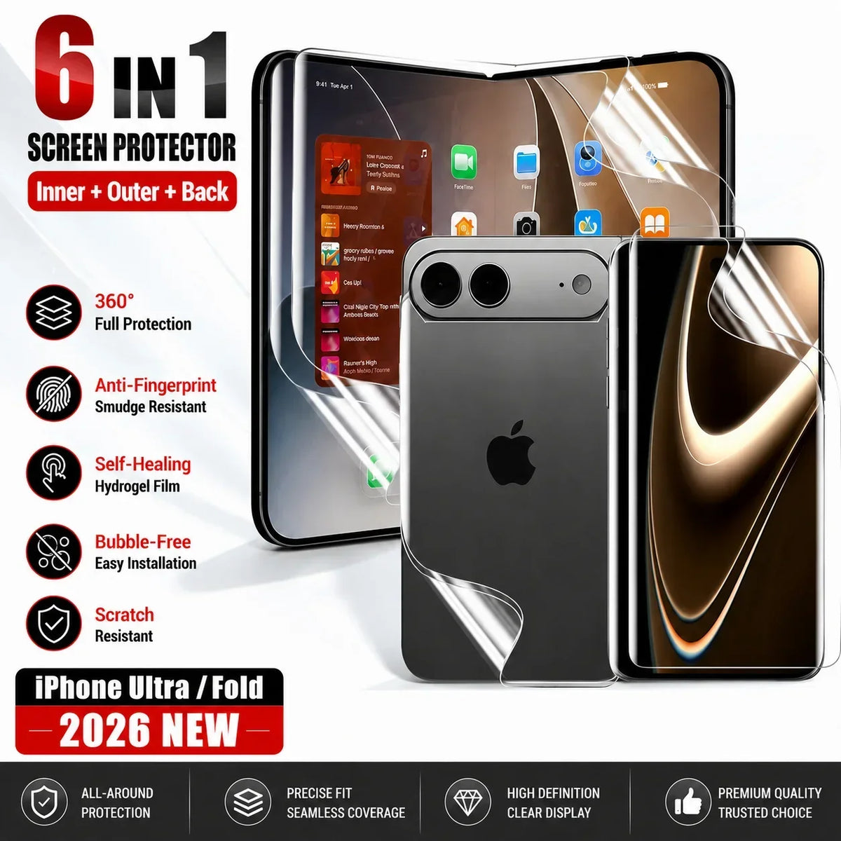 Protector de Pantalla para iPhone | Hidrogel HD, Interior Exterior | Suave 6 en 1