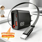 Cargador USB 65W | Carga Rápida, Cable Tipo C Retráctil | QC 3.0, PD, Multipuerto