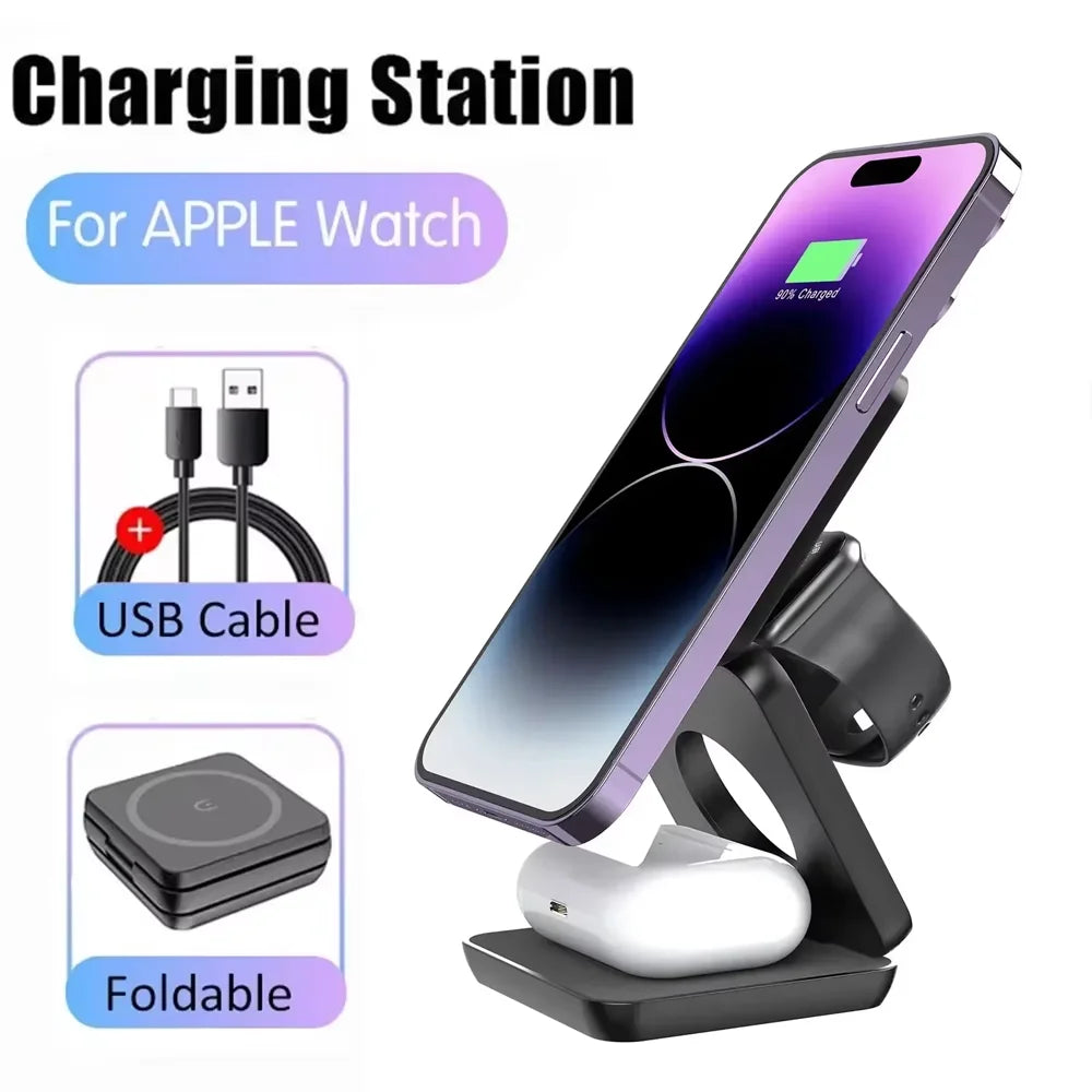 Cargador Inalámbrico 3 en 1 | Magnético Plegable, 30W | iPhone, Apple Watch