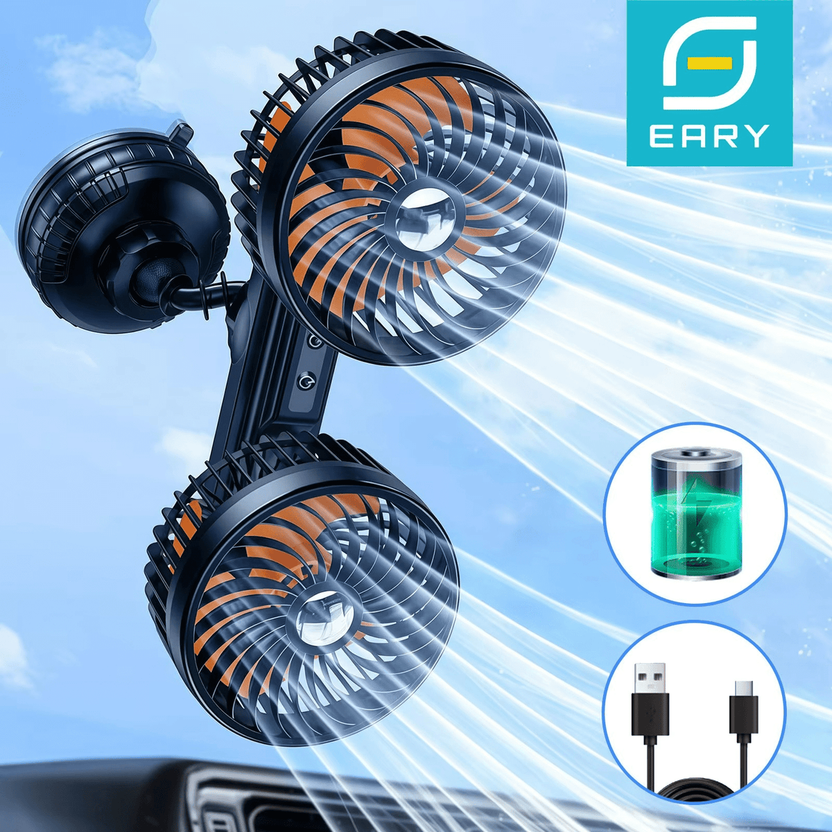Ventilador Automóvil Doble Cabeza con Ventosa y Batería - VyFlair