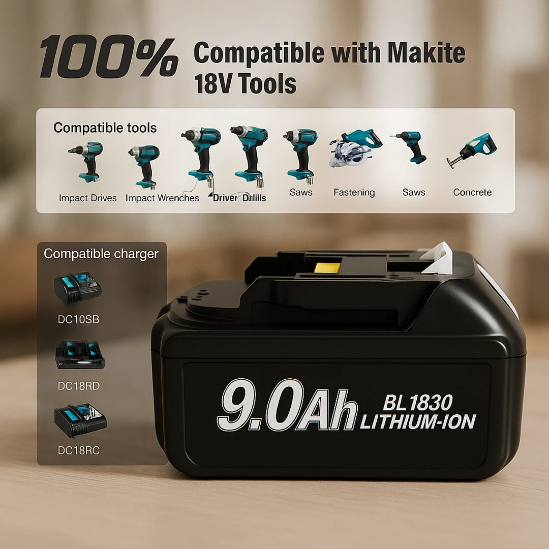 Batería Makita 18V | 9Ah, compatible herramientas | Recargable