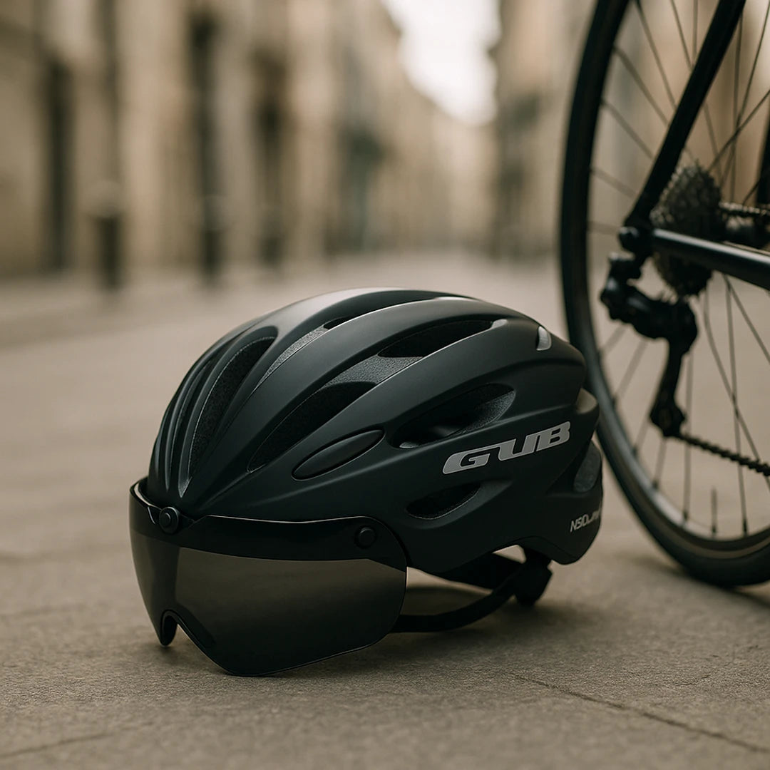Casco ciclismo | Gafas integradas, visera | Negro, ventilado