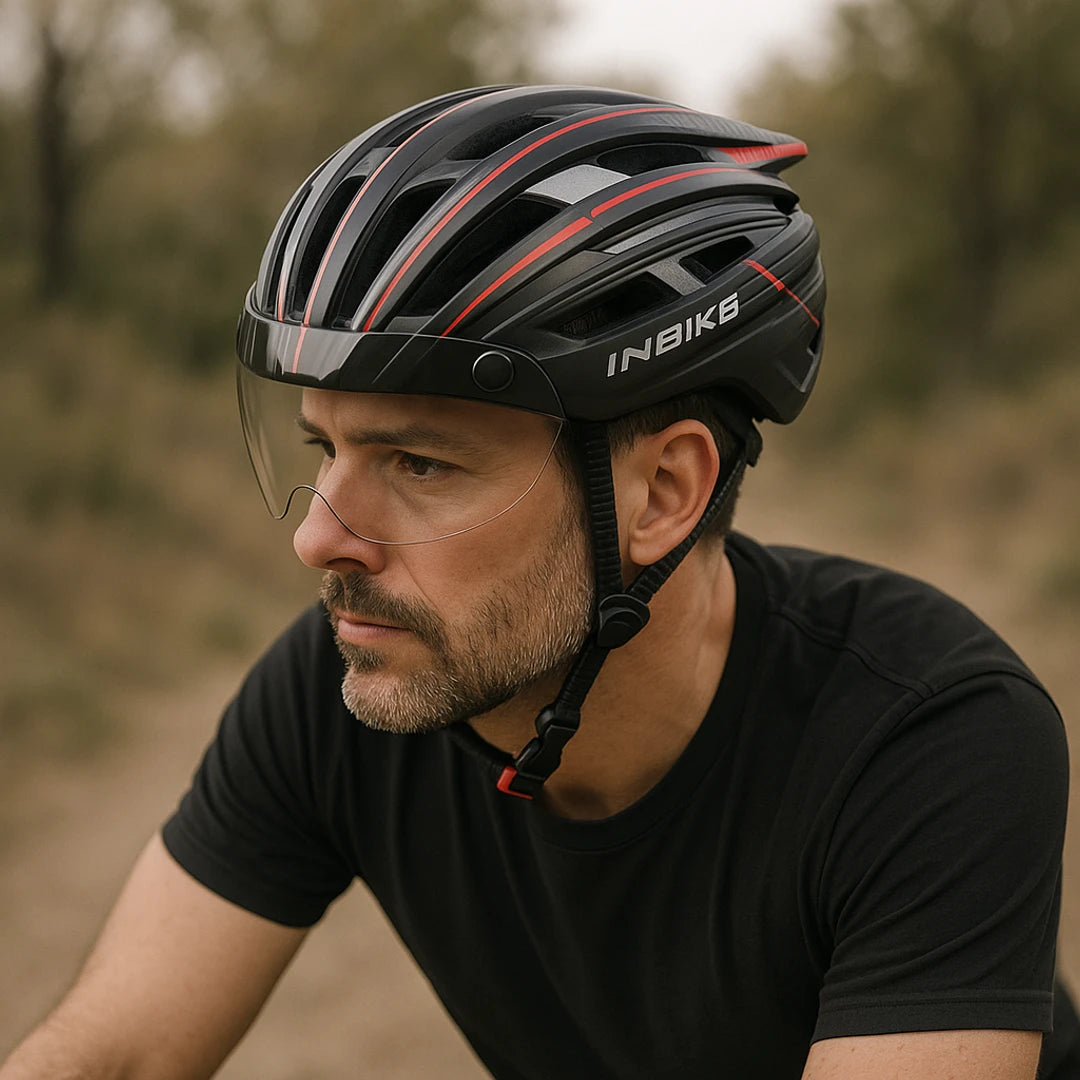 Casco bicicleta | Gafas integradas, visera ajustable | Luz LED, ventilado